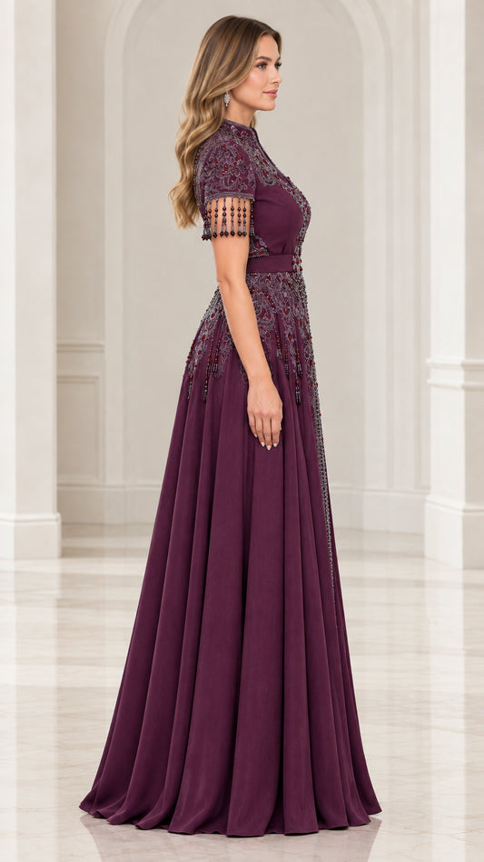 Side view of woman wearing plum beaded floor-length formal gown