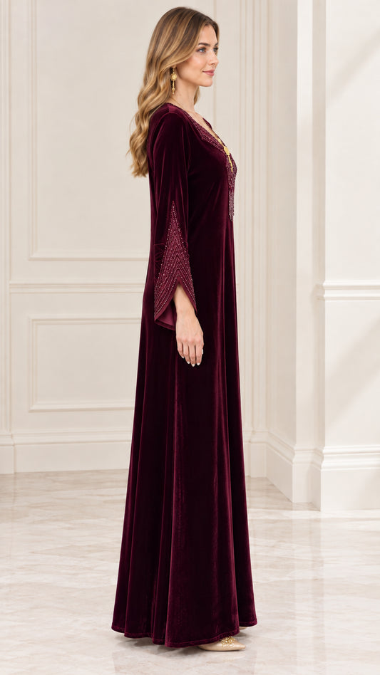 Burgundy long sleeve velvet evening gown side profile
