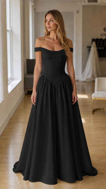 Front view of black off-the-shoulder formal gown