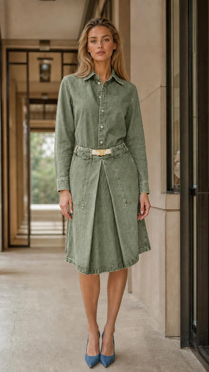 Front view of olive green denim shirt dress on model